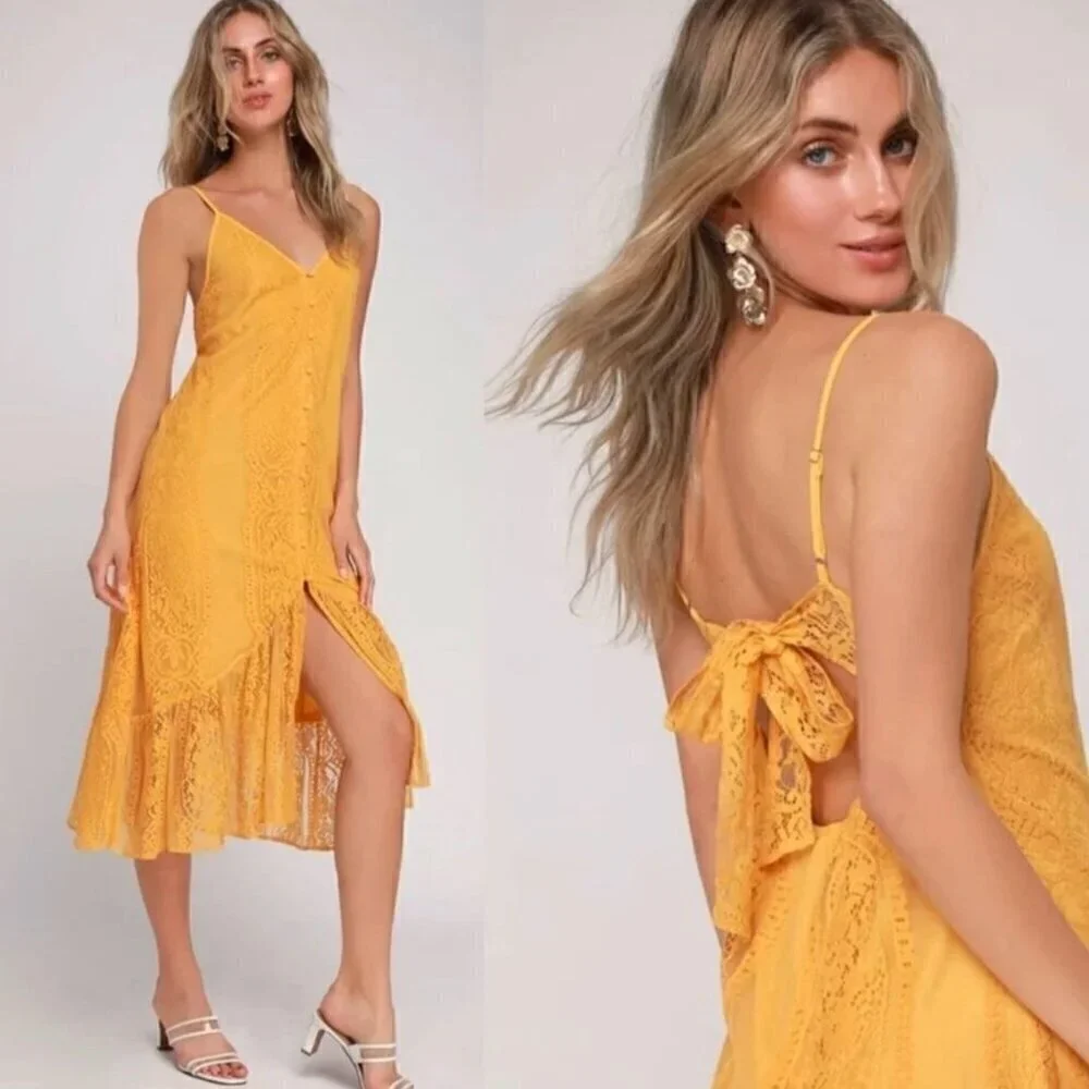 NWT Lulus Zahria Golden Yellow Lace Button Front Midi Dress - Size Large